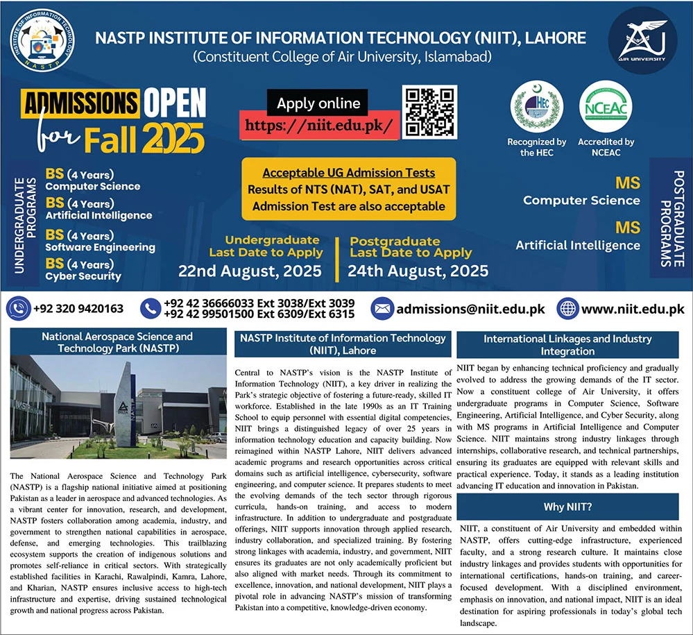 Admission Open in NASTP Institute of Information Technology Lahore